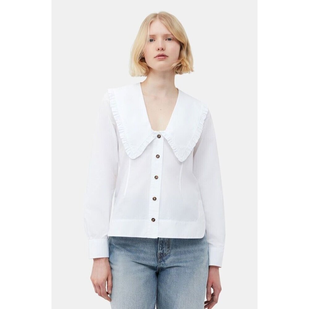 GANNI White Cotton Poplin V-Neck Frill Collar Button Up Shirt Blouse, Size 32/0 - Picture 1 of 16